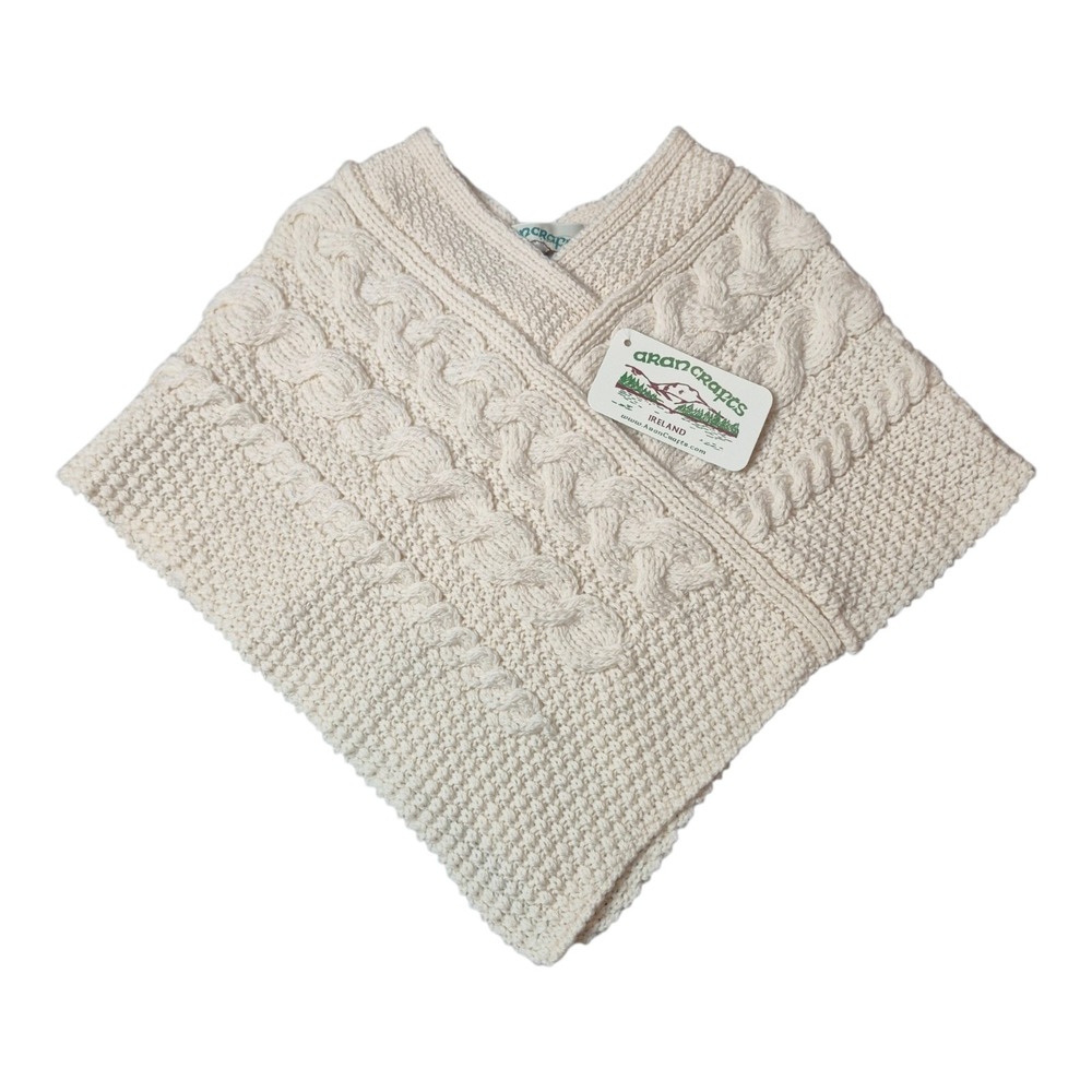 NWT Aran Crafts Girls S Irish Merino Wool Poncho Cable Knit Ivory